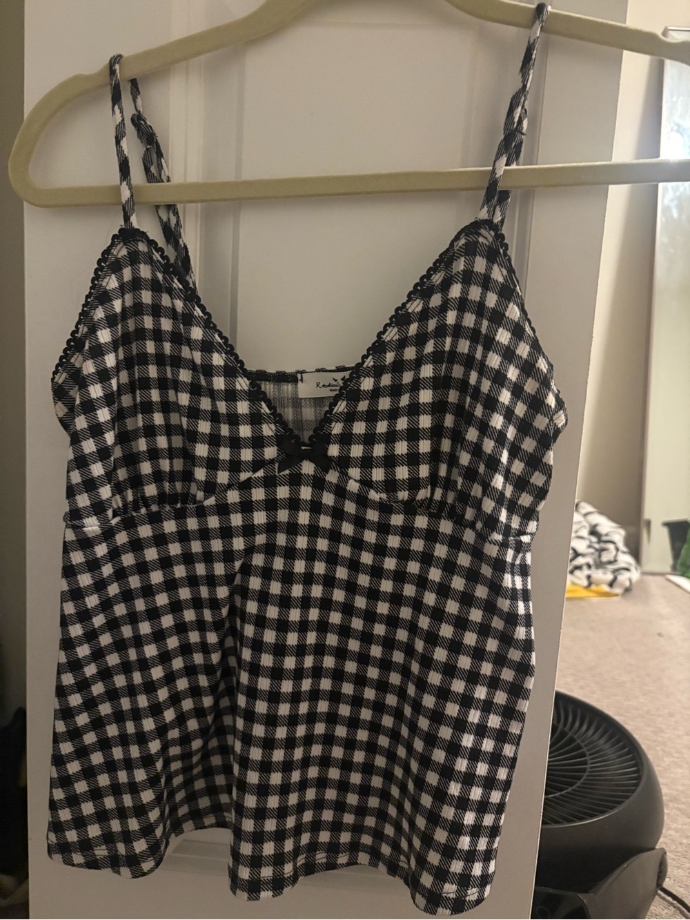 Black & White Gingham Lace-Trim Cami Top